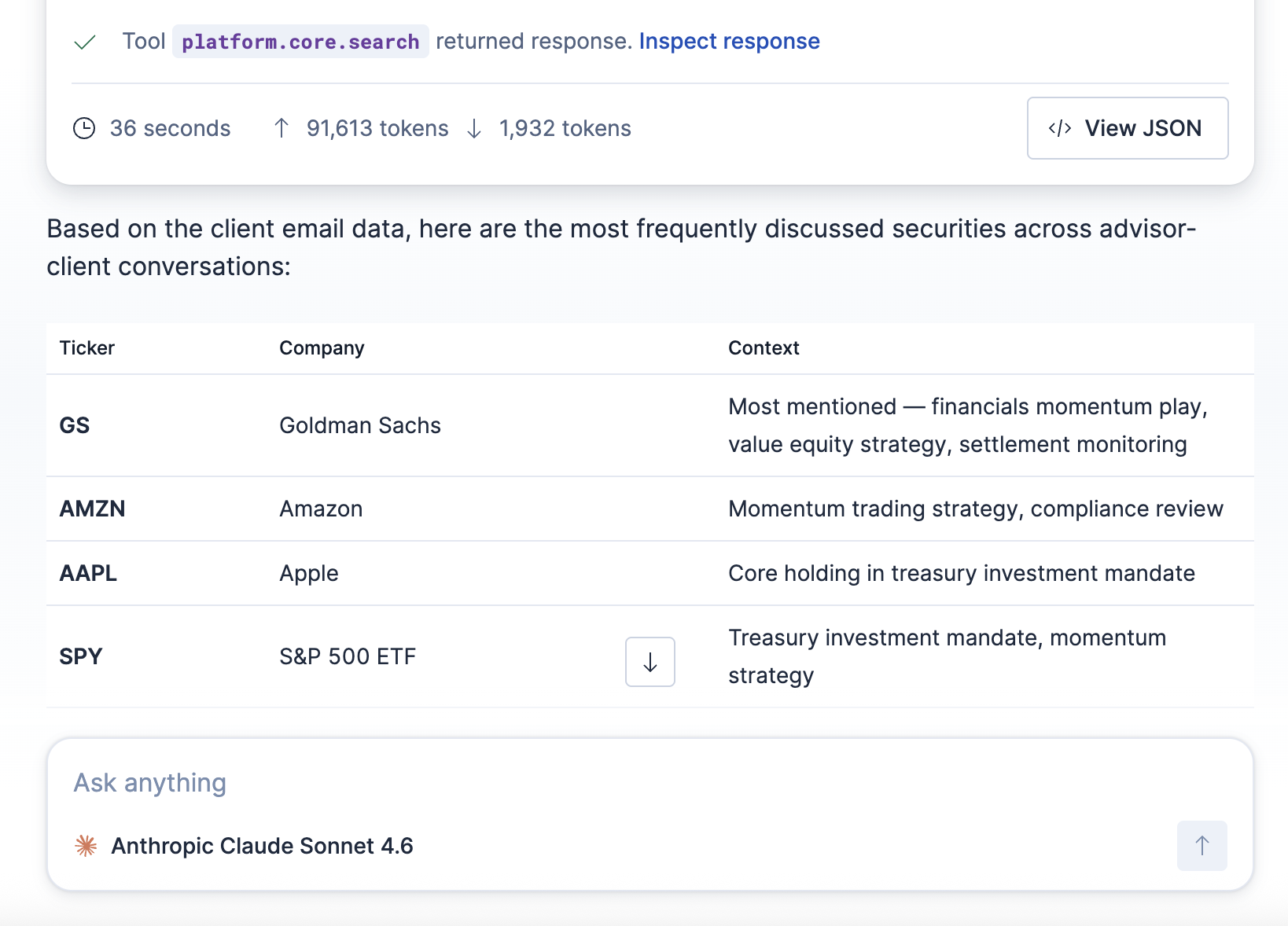 Agent Builder conversation round showing 91,613 input tokens and 4,096 output tokens beneath the agent response, which maps to 2 billed executions