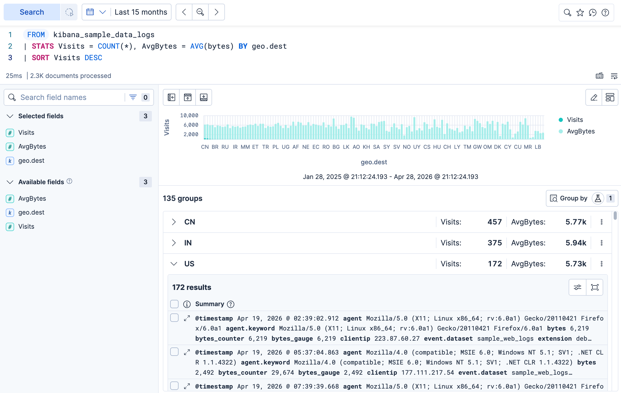 Grouped results layout in Discover, with one row expanded to show underlying documents