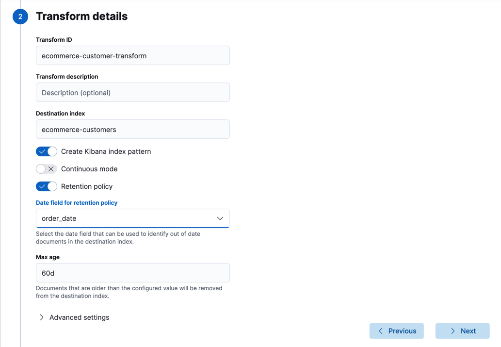 Adding transform ID and retention policy to a transform in Kibana
