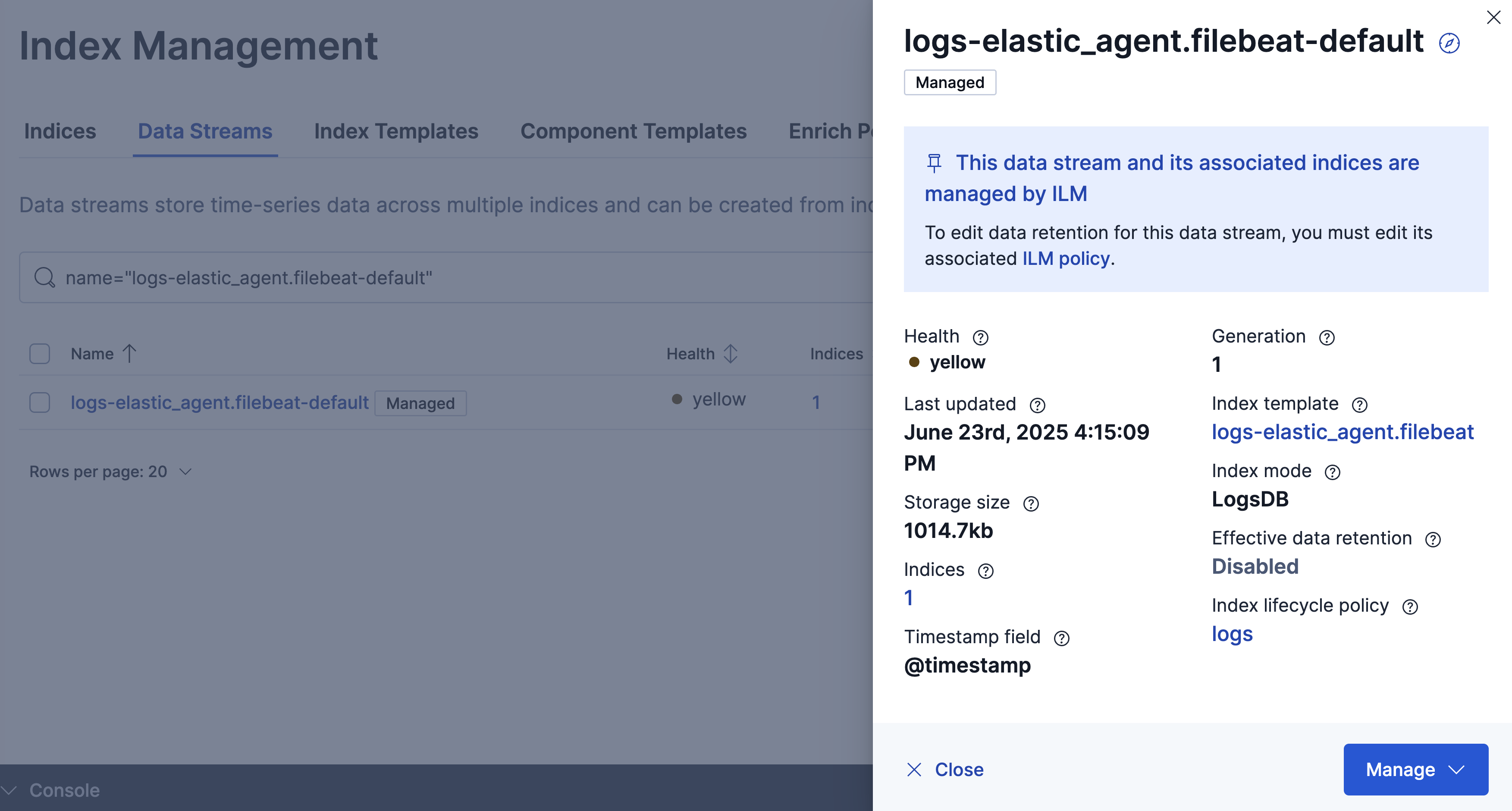 Data stream status page Data stream status page