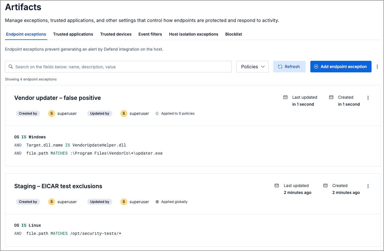 List of Elastic Endpoint exceptions