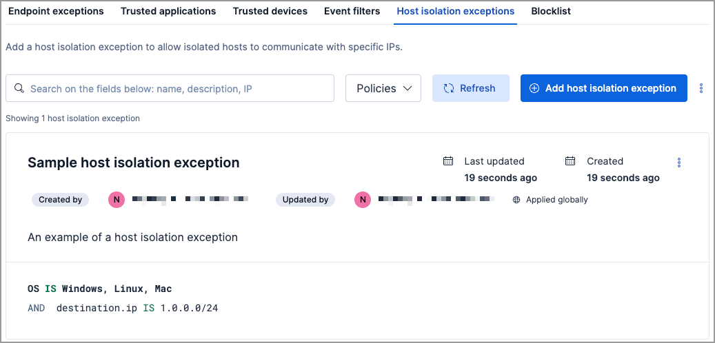 List of host isolation exceptions