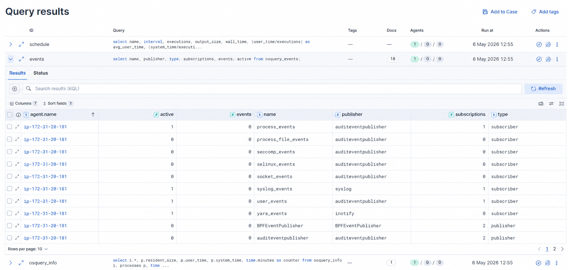 Shows query results