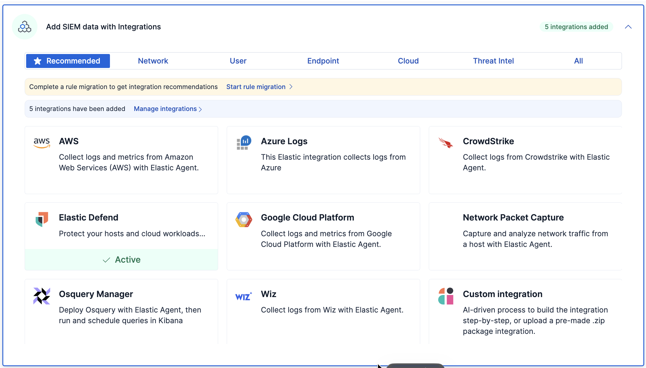 The add integrations panel.