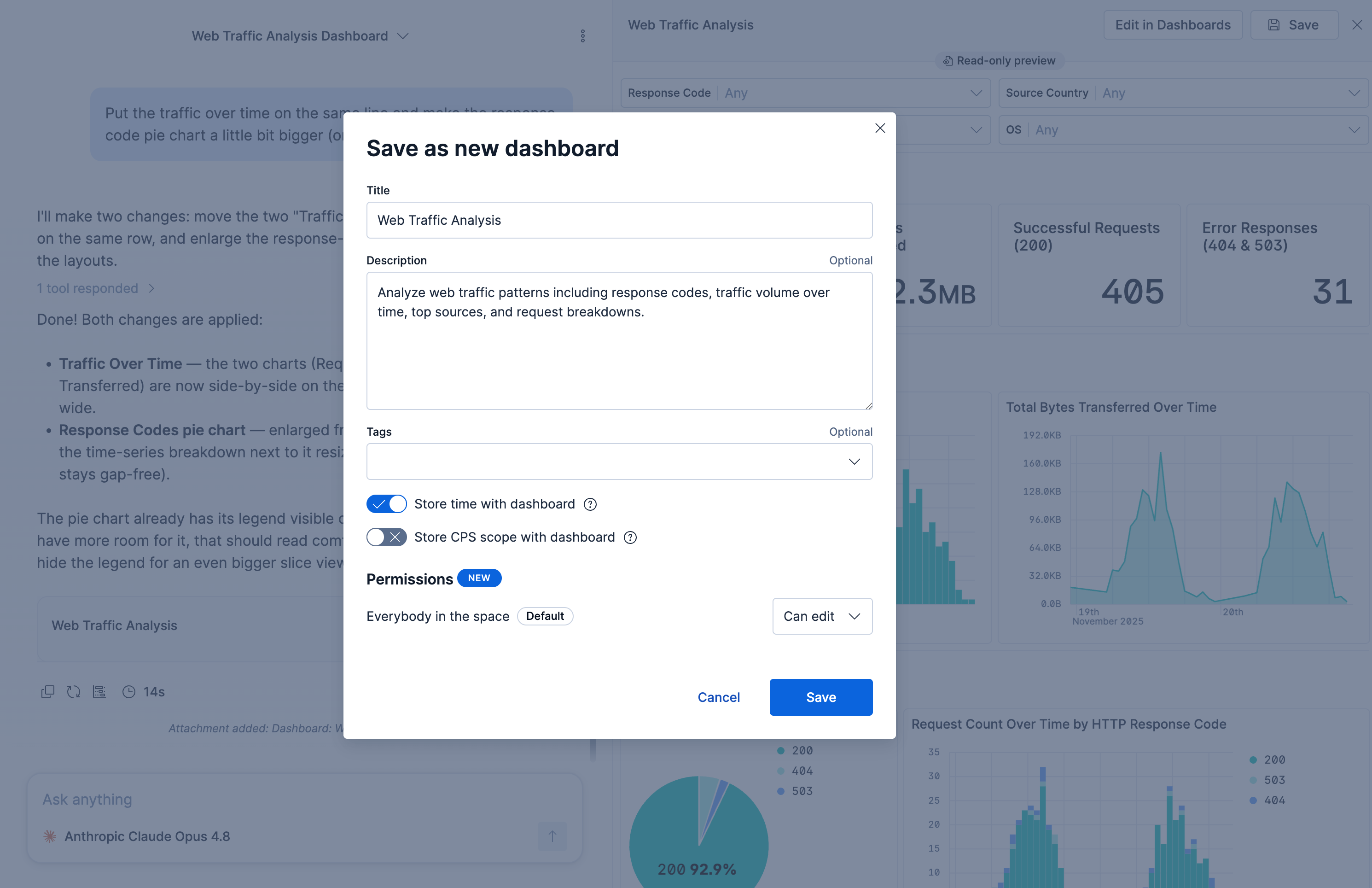 Save as new dashboard dialog with title, description, tags, and permissions fields