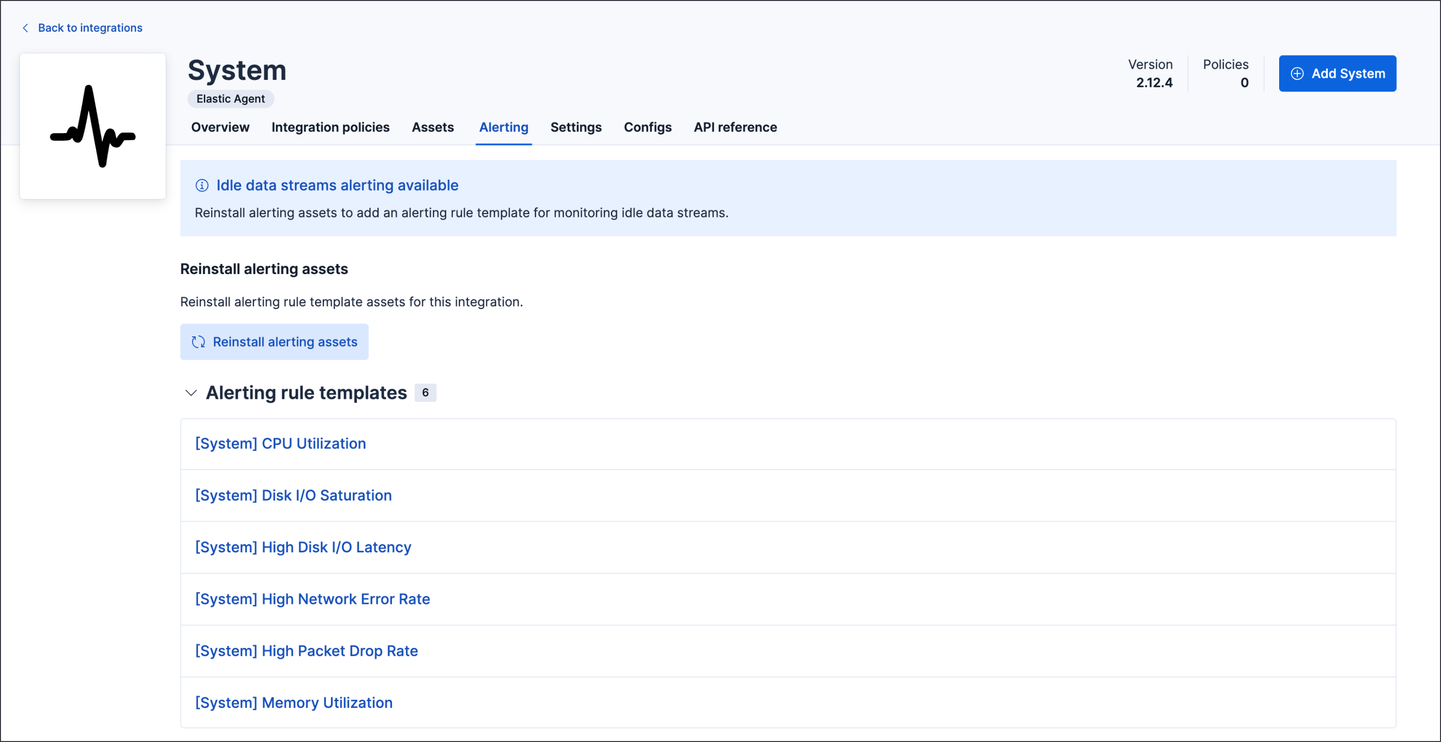 The Alerting tab showing available alerting rule templates for an integration The Alerting tab showing available alerting rule templates for an integration