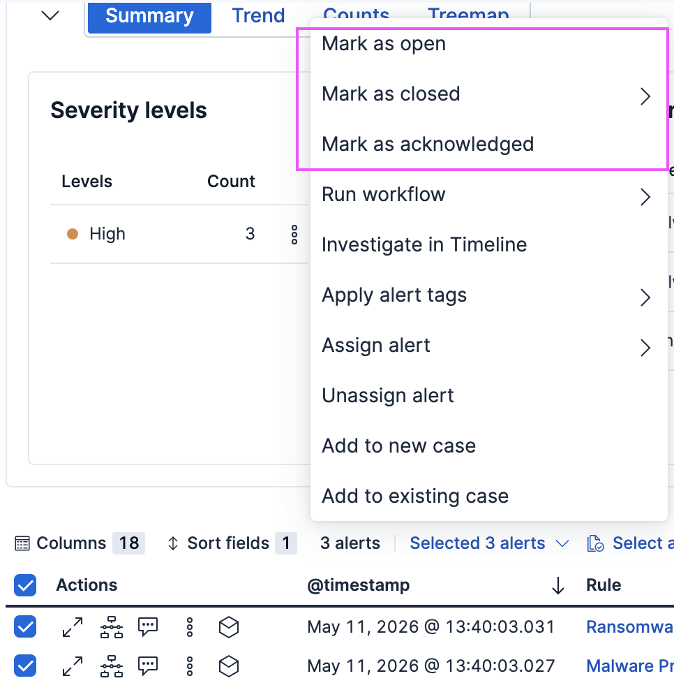 Bulk action menu with multiple alerts selected