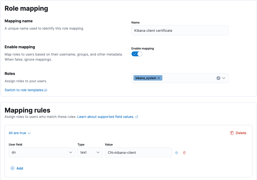 Role mapping for the Kibana client certificate Role mapping for the Kibana client certificate