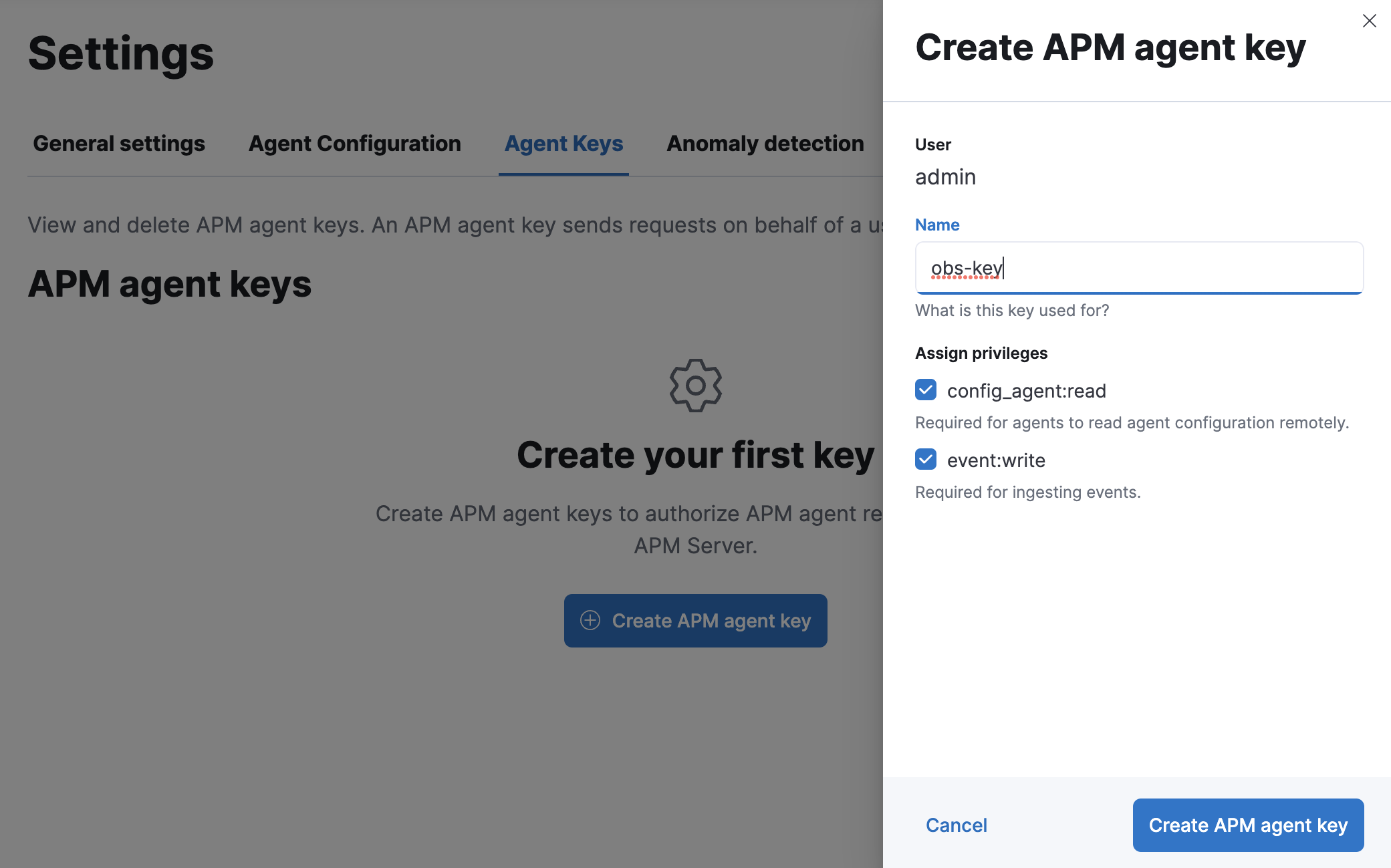 APM agent key creation