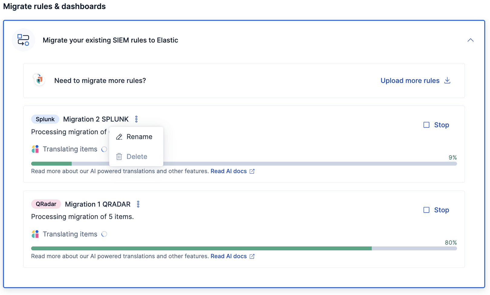 The rule migration status view