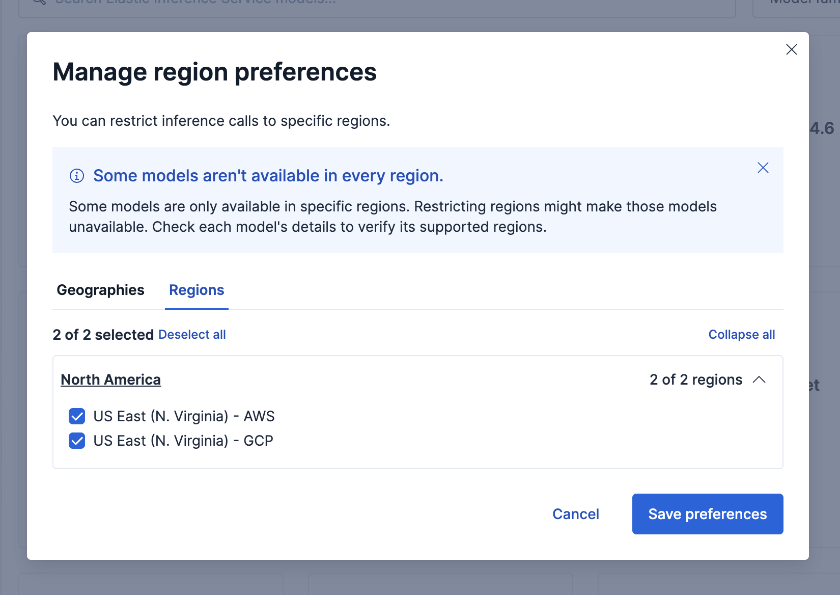 Manage region preferences dialog with the Regions tab open