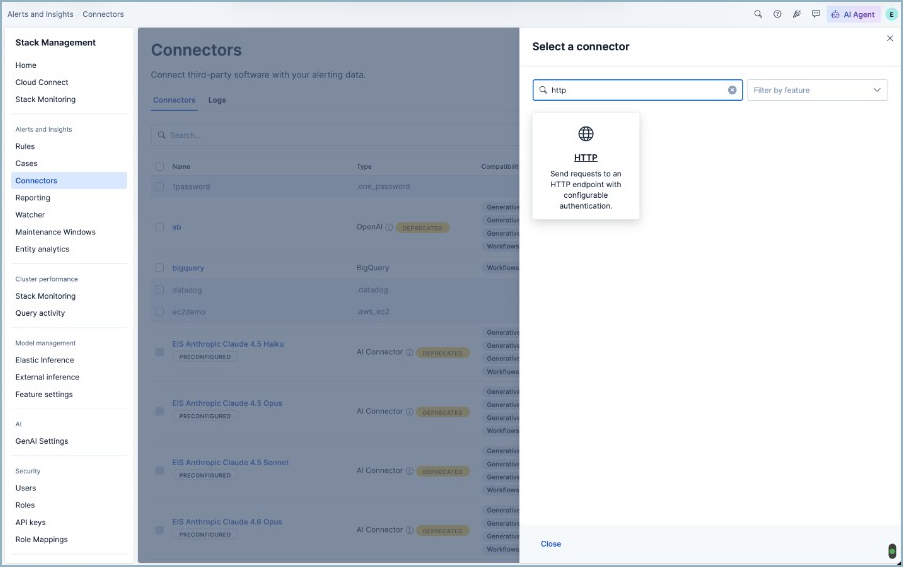 Select the HTTP connector type from Stack Management