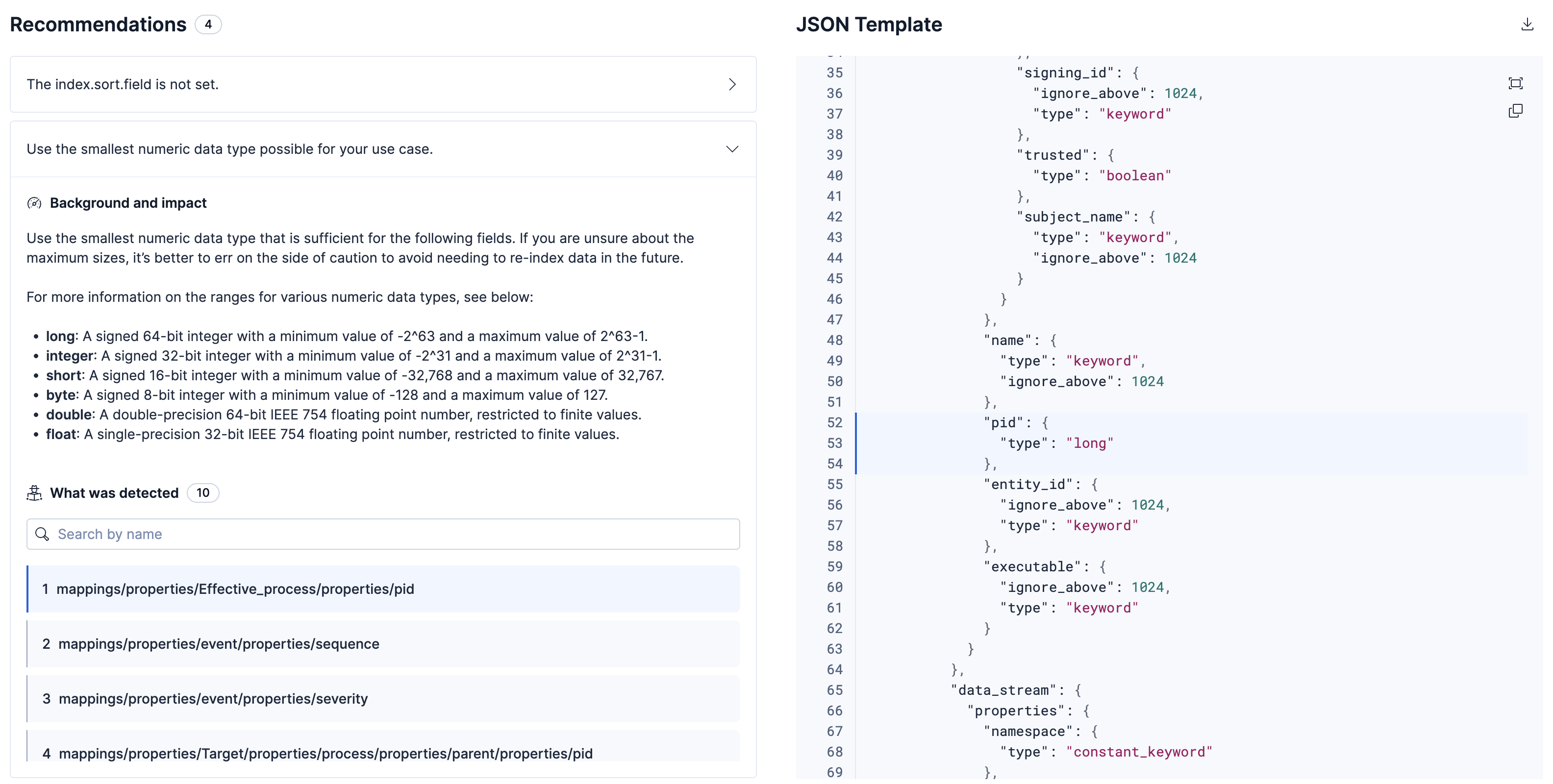 Screenshot showing the the recommendations and JSON template within a template ribbon in the Template Optimizer