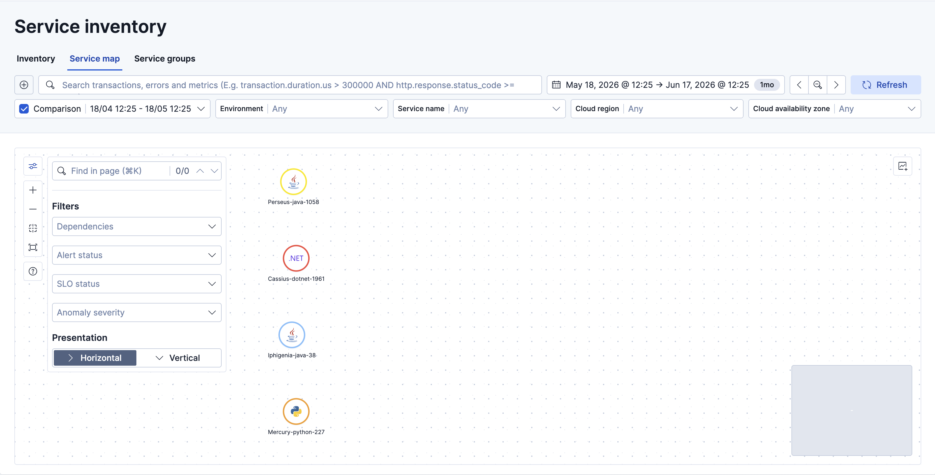 Service map showing color-coded anomaly score indicators on service nodes, with yellow and red borders indicating degraded or unhealthy services
