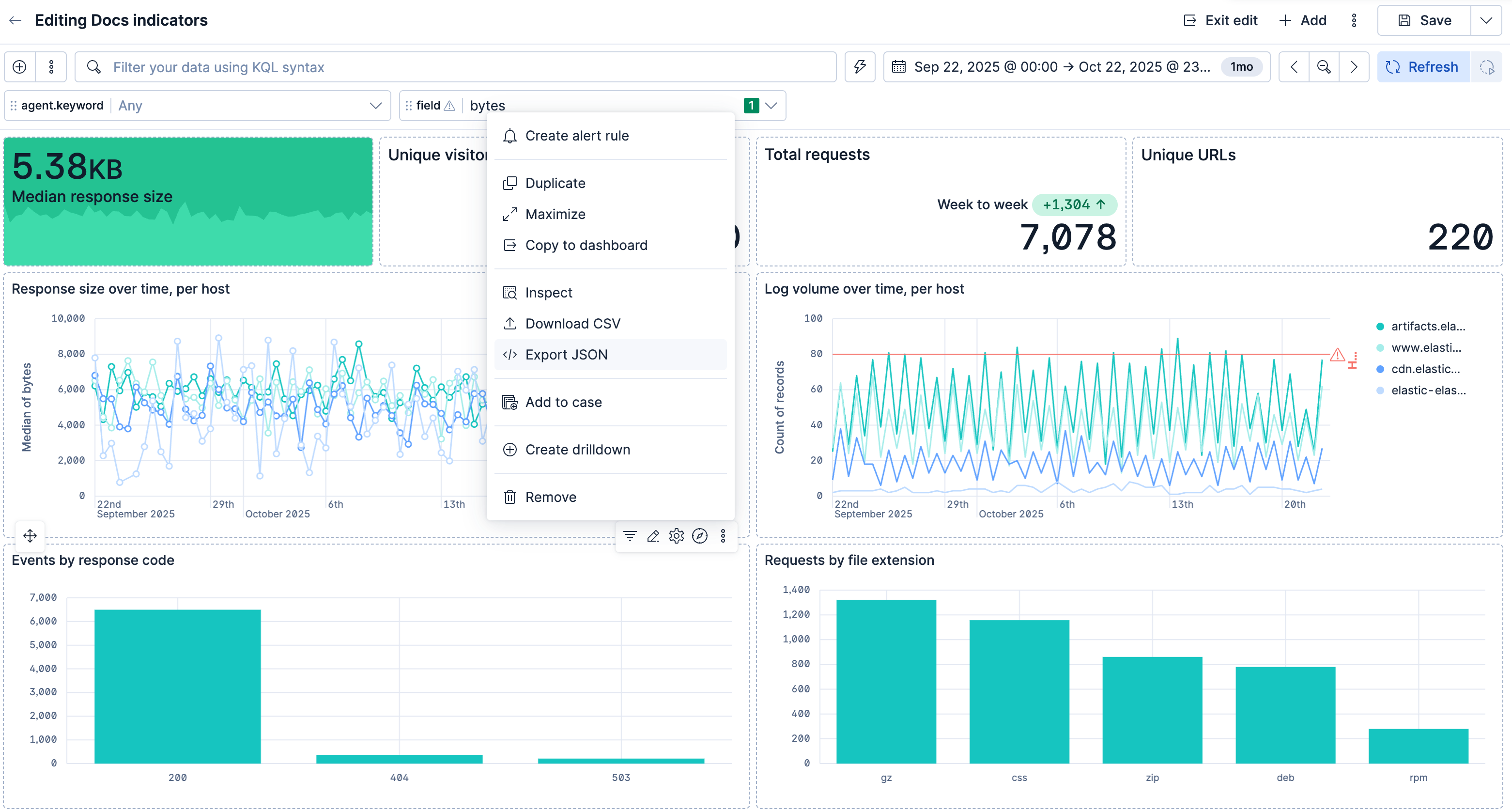 Dashboard panel menu with the Export JSON option highlighted
