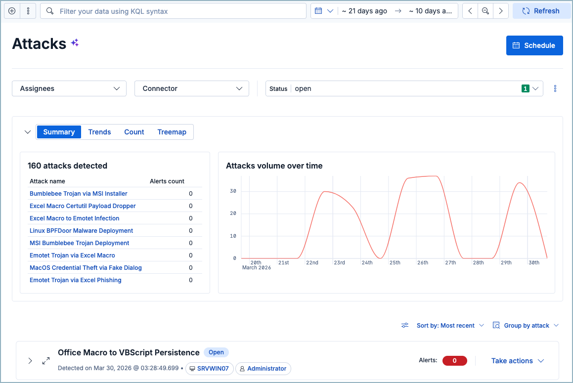 Overview of the Attacks view showing the Summary tab