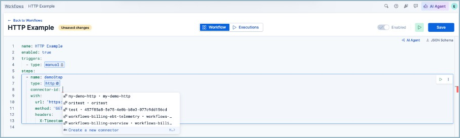 Create or select an HTTP connector from connector-id autocomplete