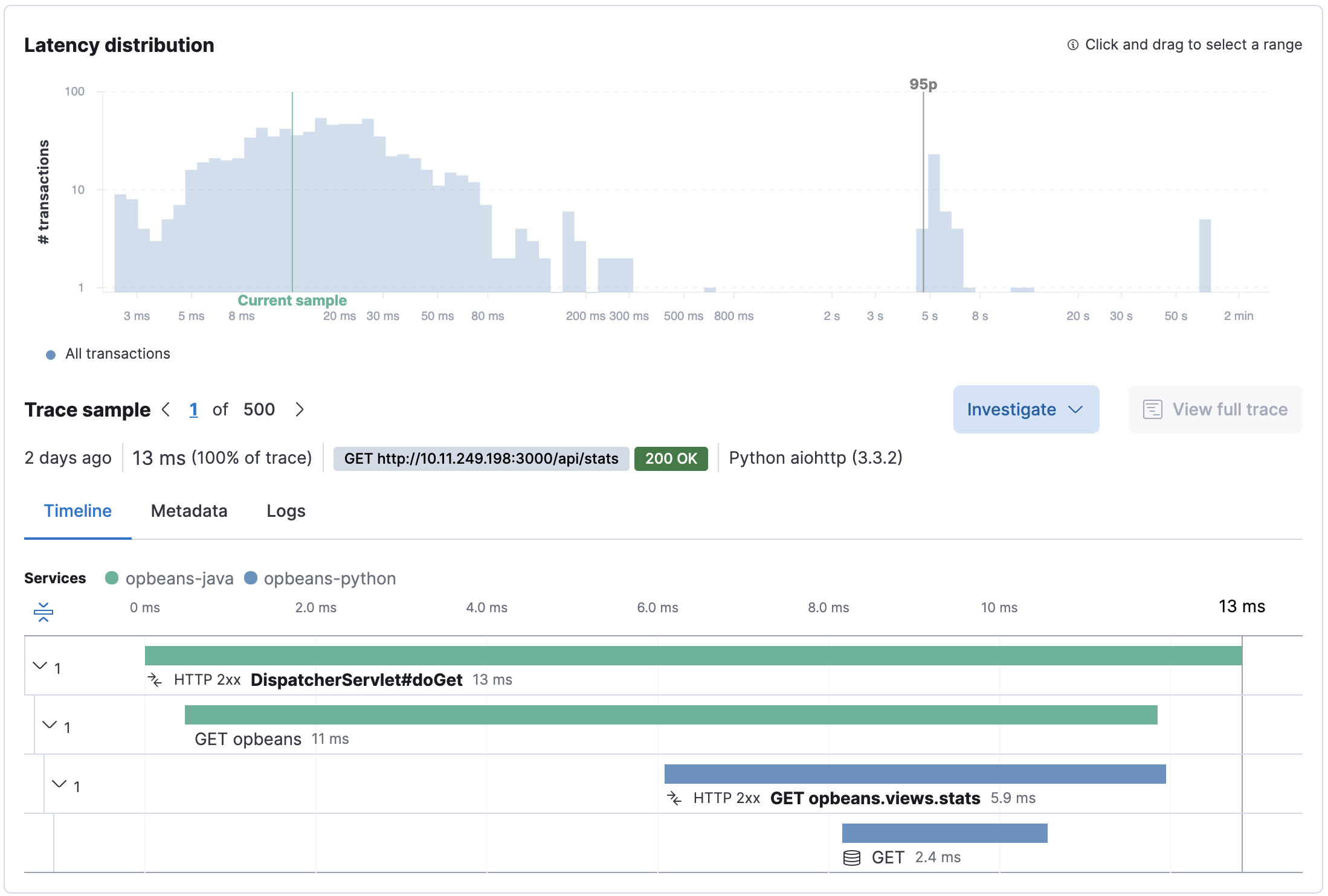 Example of distributed trace colors in the Applications UI