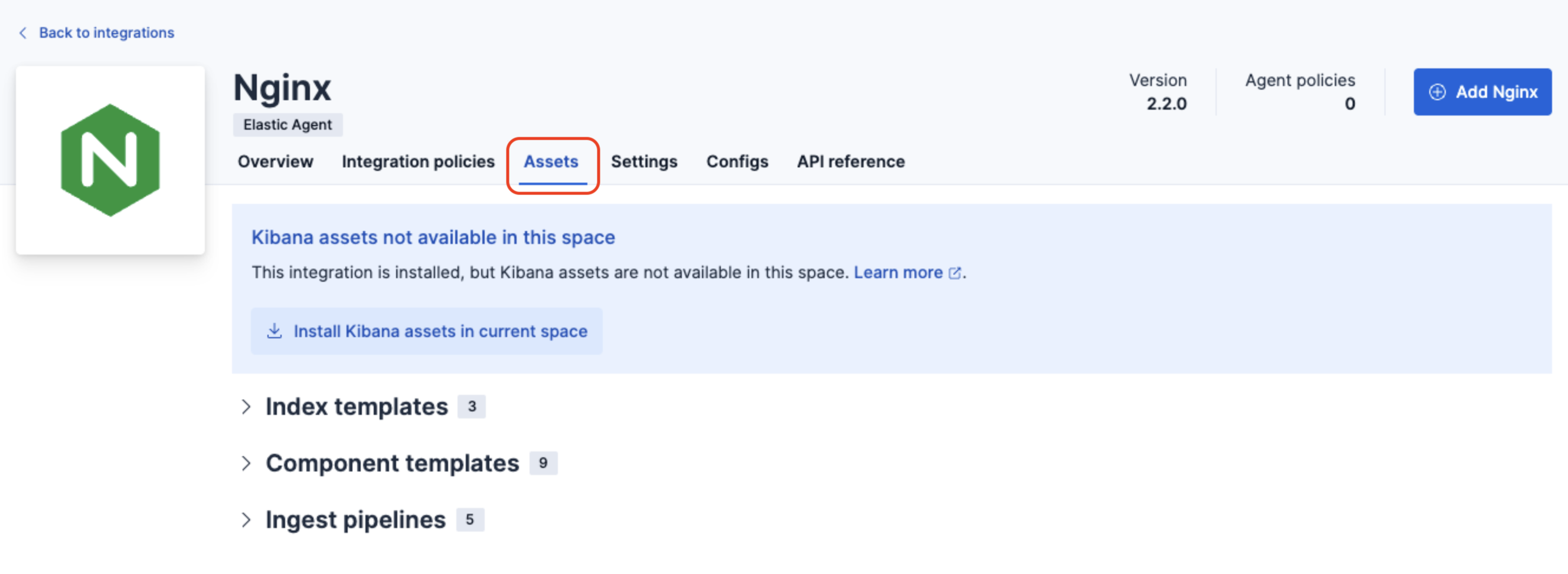 Kibana Assets tab