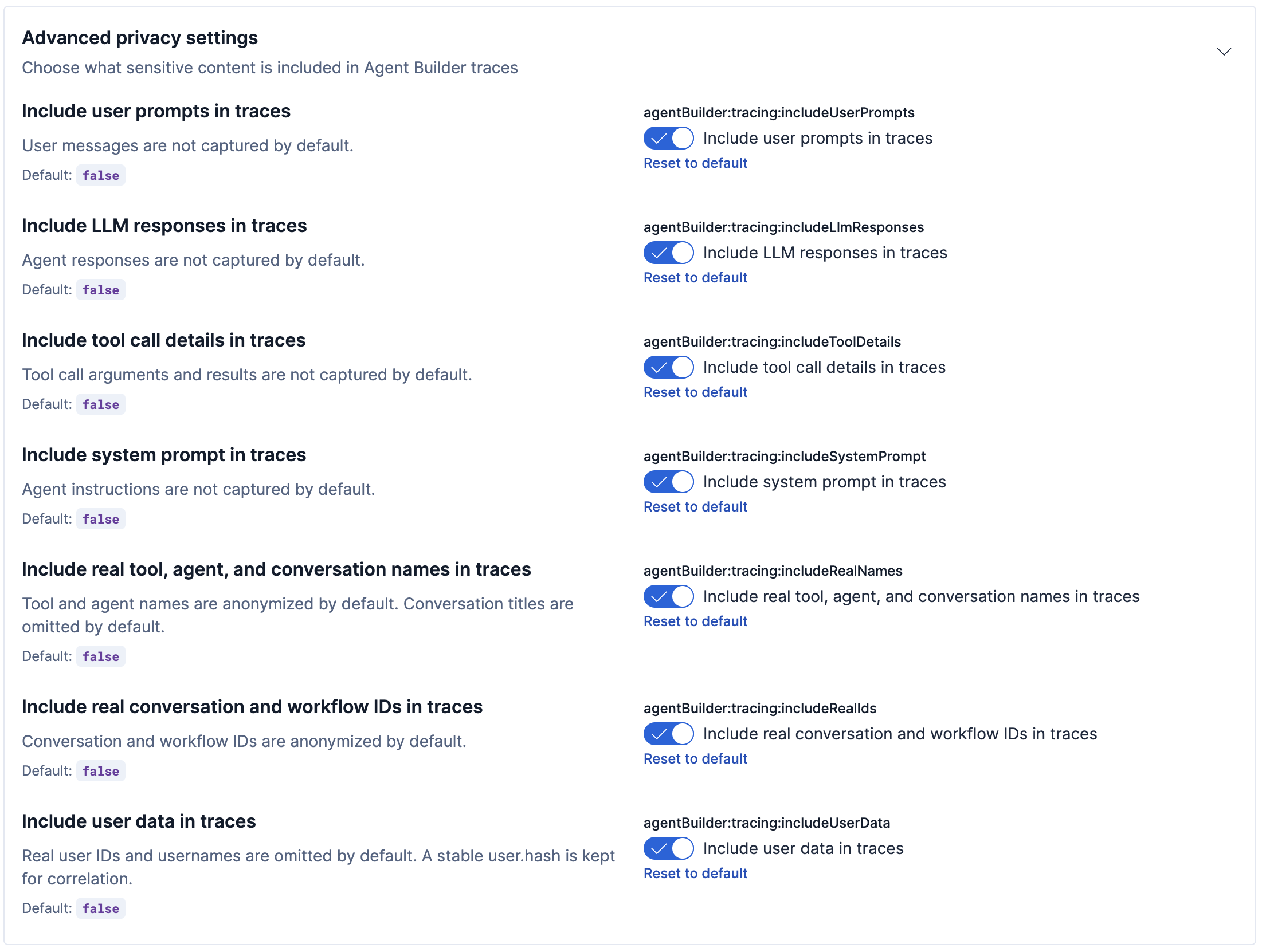 The expanded Advanced privacy settings, showing seven toggles for including sensitive content in traces
