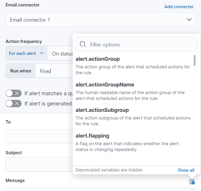 Default notification message for log threshold rules with open 
