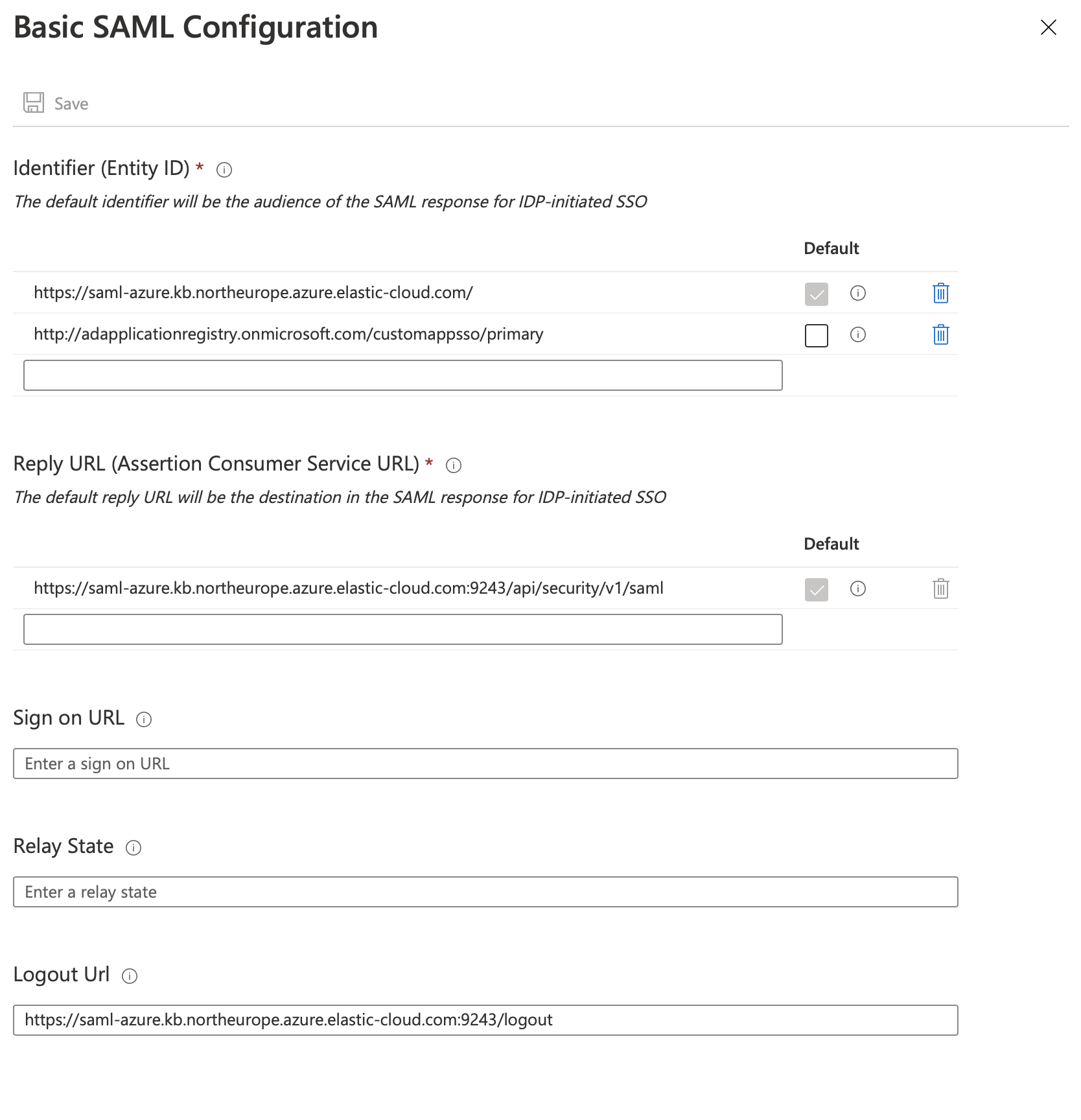 The Entra SAML configuration page with Kibana settings