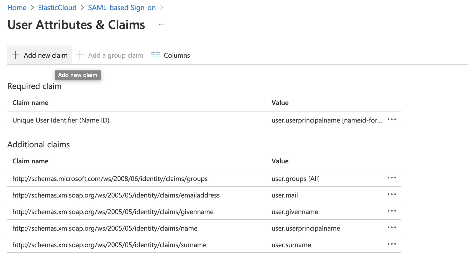 The Entra ID User Attributes & Claims page