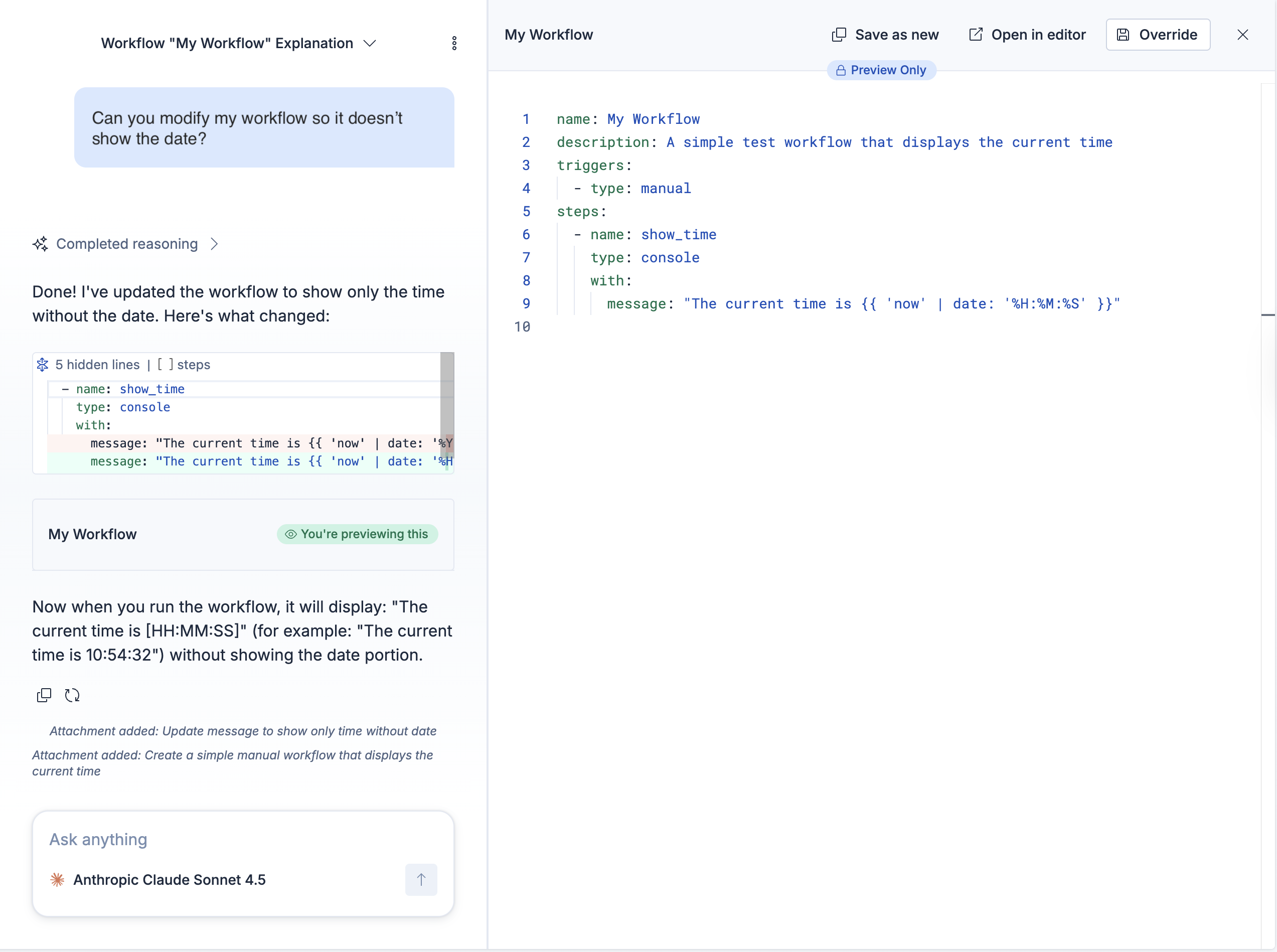Preview panel showing proposed changes from an agent action before they are applied.
