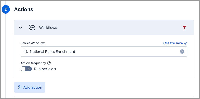 Alerting rule settings showing a workflow selected as an action