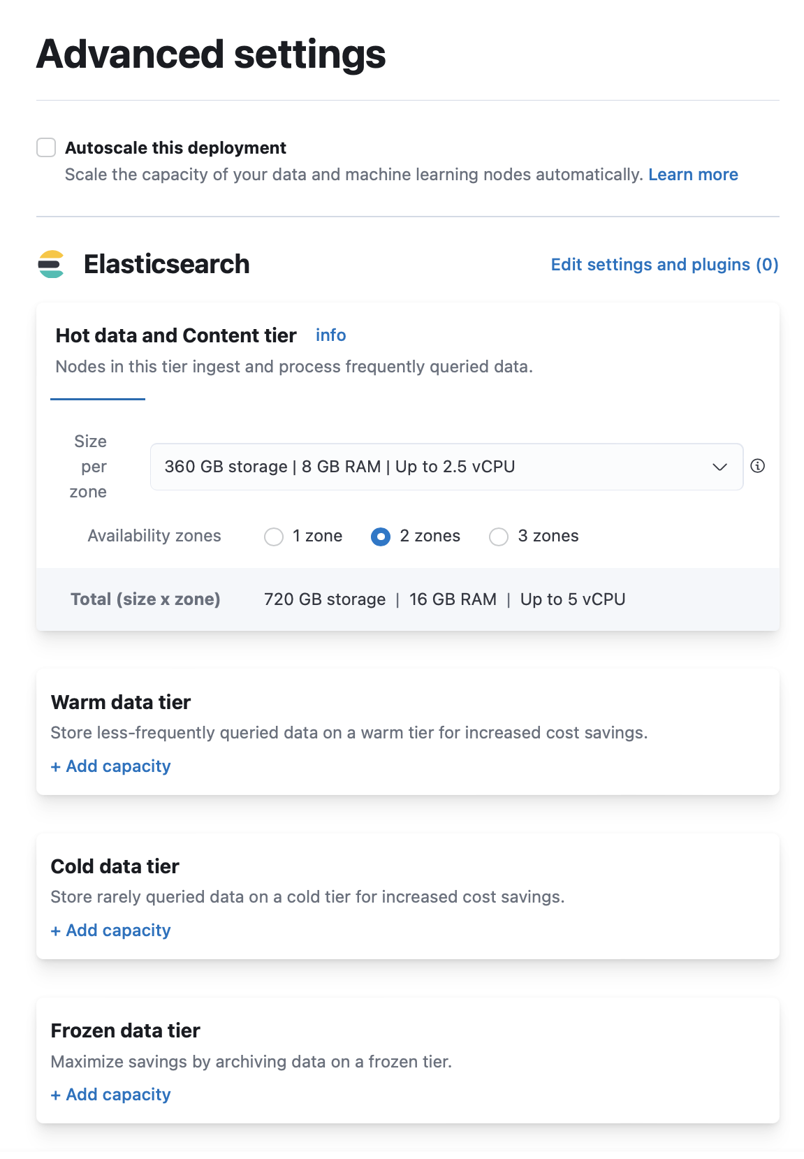 Elastic Cloud's deployment Advanced configuration page
