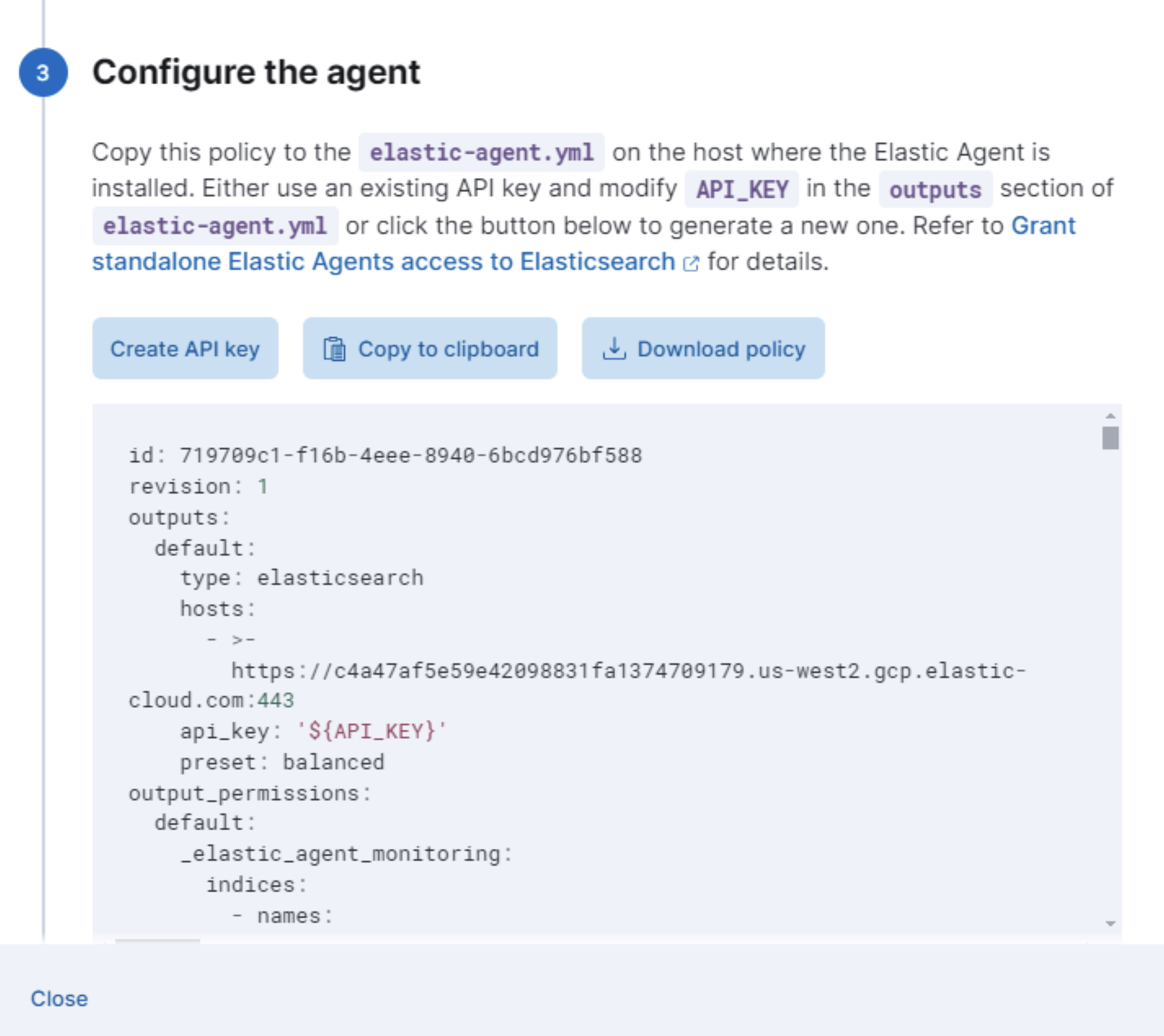 Add data screen with option to download the default agent policy