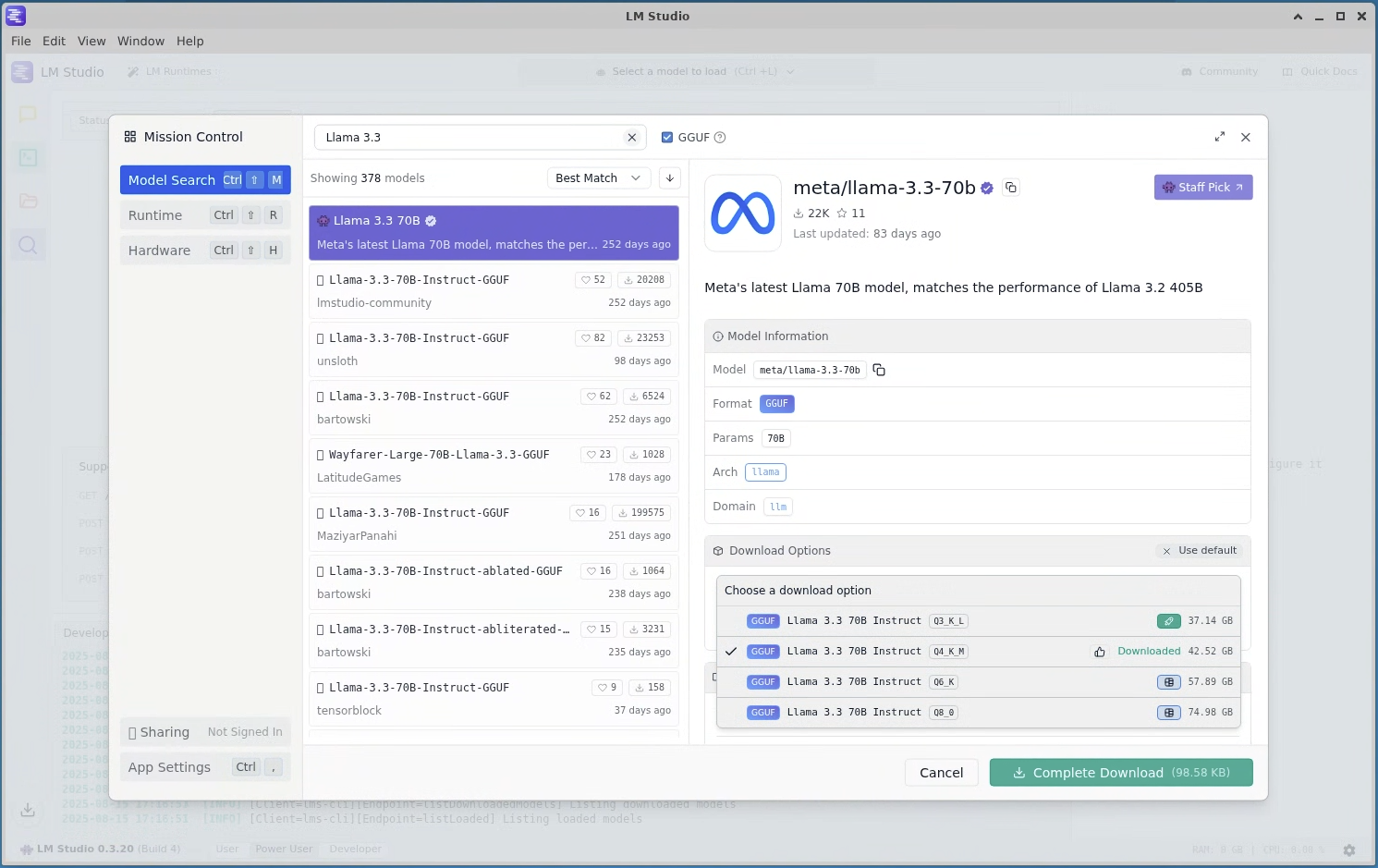 The LM Studio model selection interface with download options