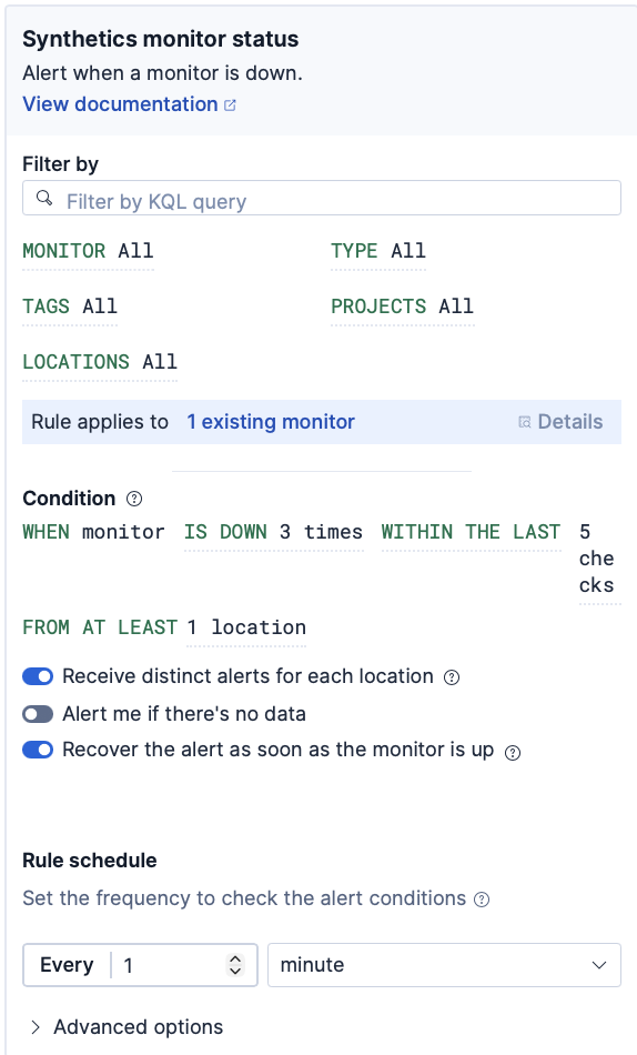 Filters and conditions defining a Synthetics monitor status rule