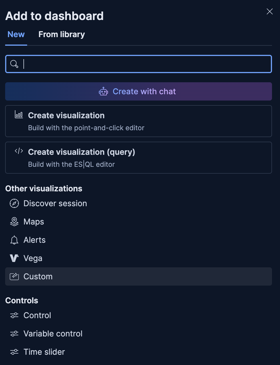 Add to dashboard flyout with the Custom entry highlighted under Other visualizations