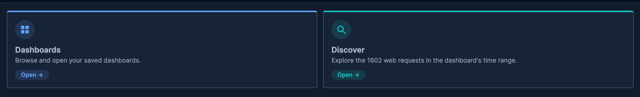Two cards, Dashboards and Discover, each with a round icon, a description, and an Open button