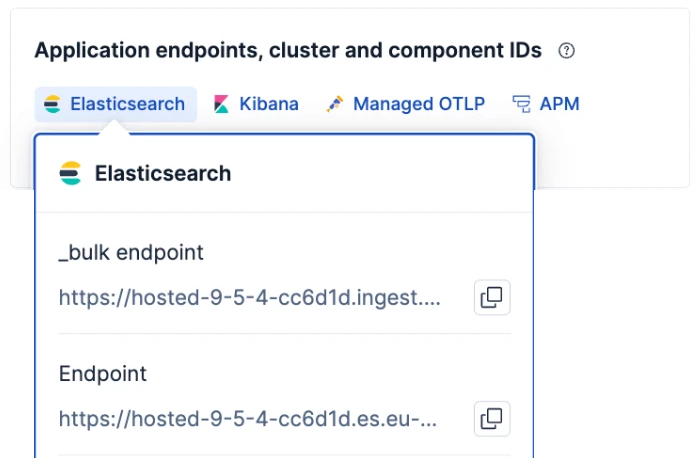 The Elasticsearch panel on a hosted deployment page in the Elastic Cloud Console, showing the Endpoint value with a copy button