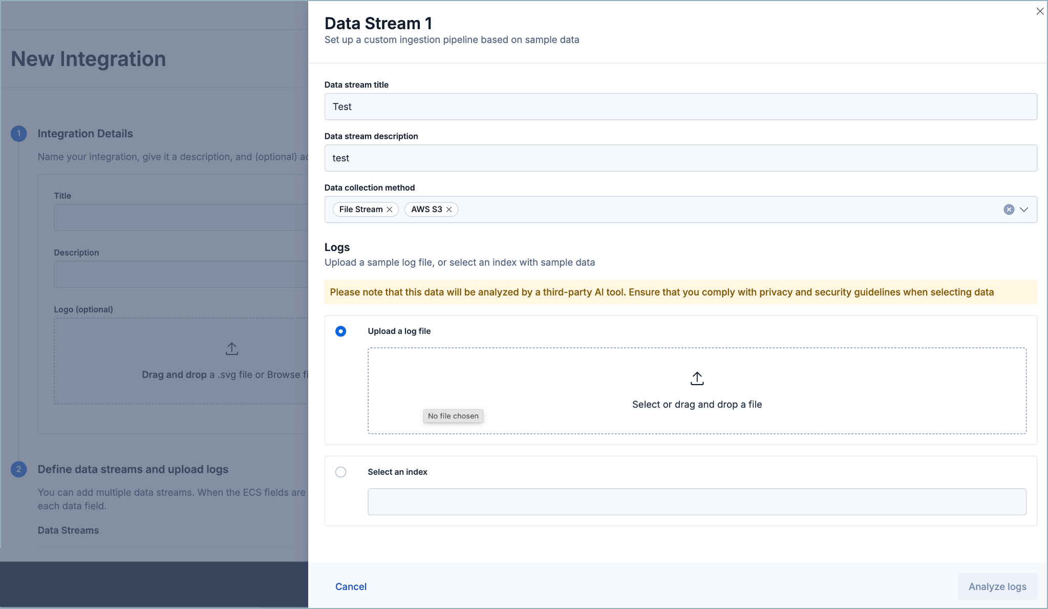 The Data Stream panel with fields for title, description, data collection method, and sample logs
