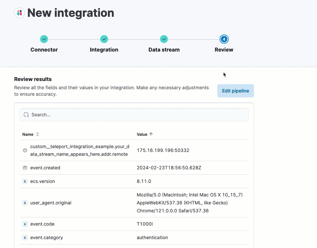 An animation showing a user clicking the edit pipeline button and viewing the ingest pipeline flyout