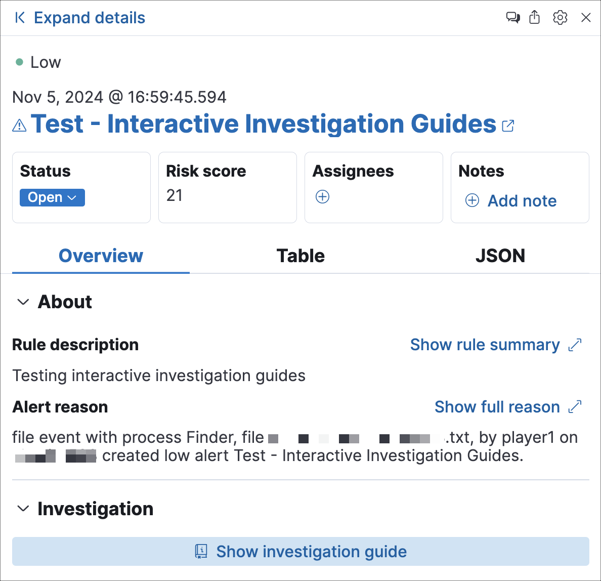 Alert details flyout with investigation guide