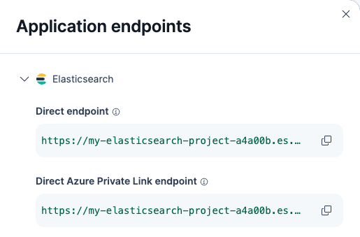 The Application endpoints panel in the Elastic Cloud Console, with Elasticsearch expanded to show the Direct endpoint and Direct Azure Private Link endpoint