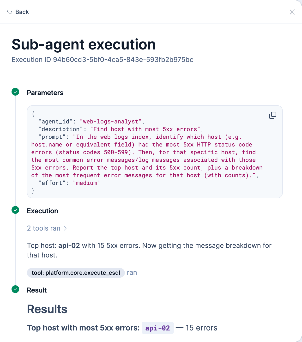 Sub-agent execution flyout with a Back button, the execution ID, and the sub-agent's Parameters, Execution, and Result sections