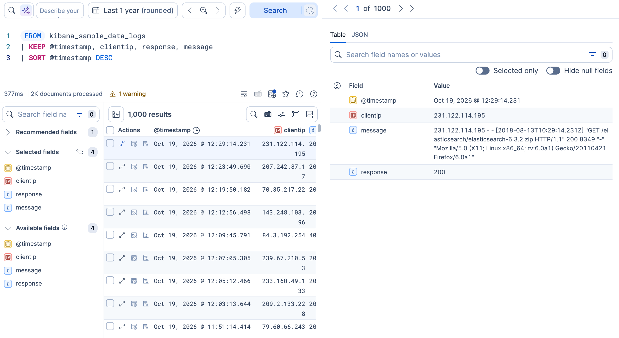 Document viewer flyout showing all fields for a single web log entry