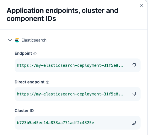 The Application endpoints, cluster and component IDs panel in the Elastic Cloud Console, with Elasticsearch expanded to show the Endpoint, Direct endpoint, and Cluster ID