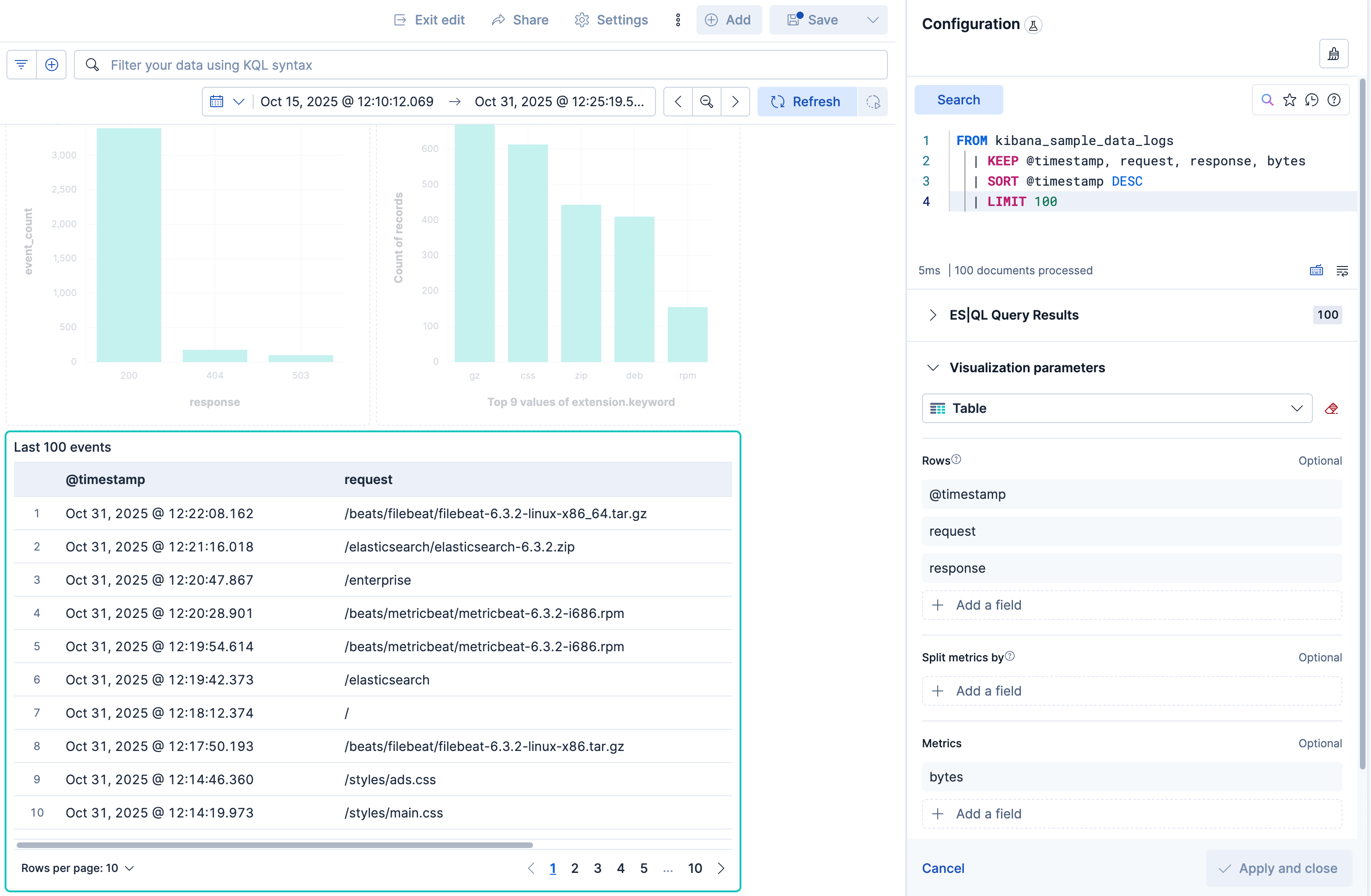 ES|QL visualization editor showing a table of recent log events with the query and table configuration