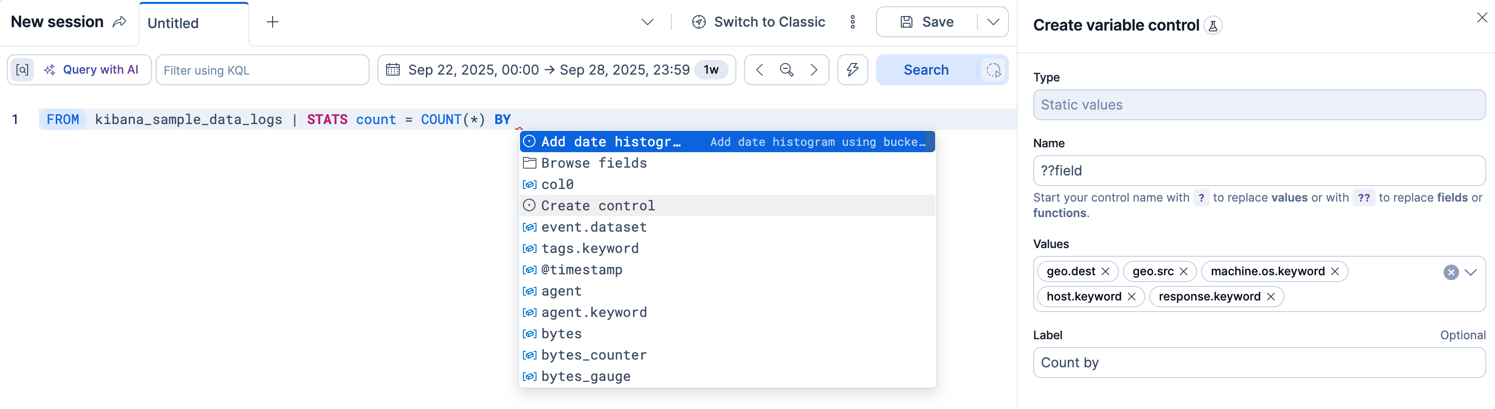 The Create variable control panel beside an ES|QL query, with Create control in the editor's autocomplete menu.