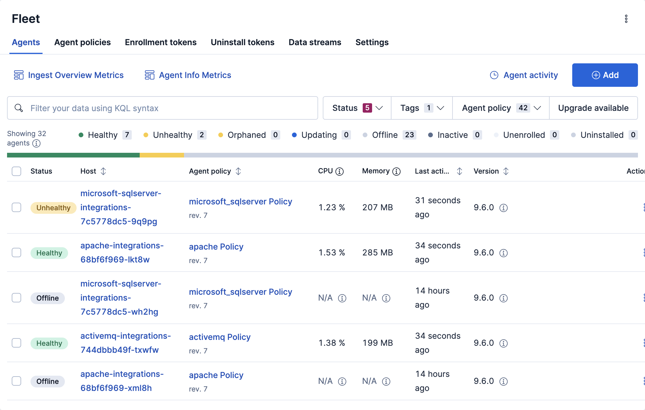 Fleet Agents page with status summary, filters, and agent details