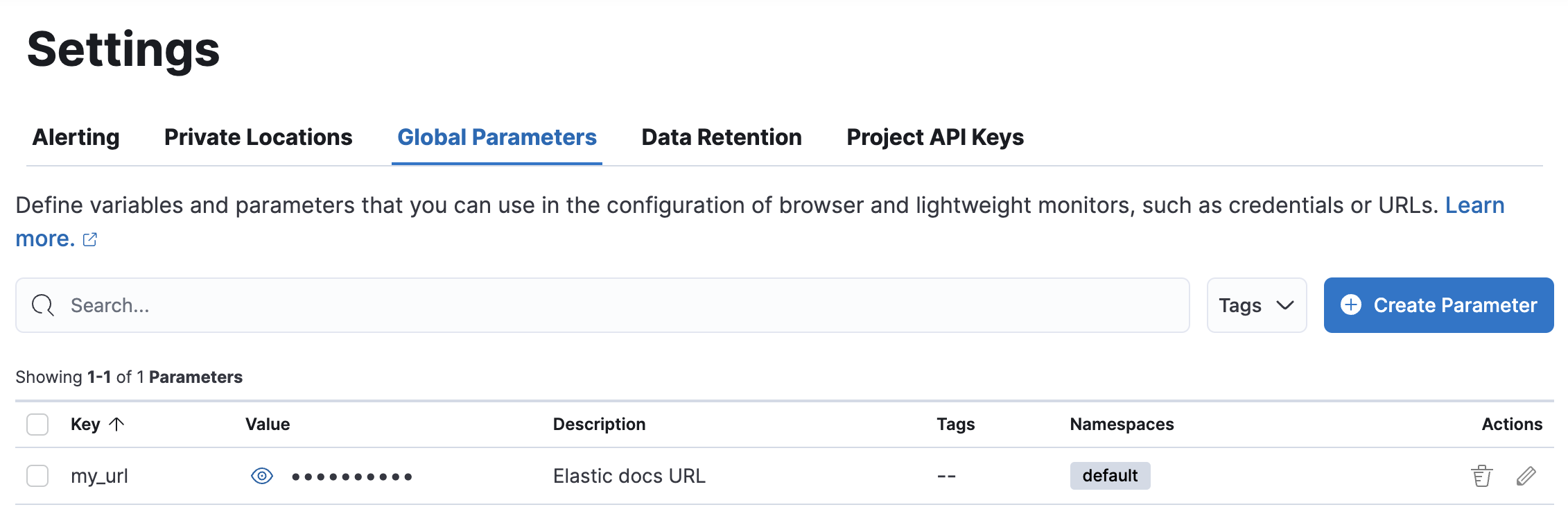 Global parameters tab on the Synthetics Settings page
