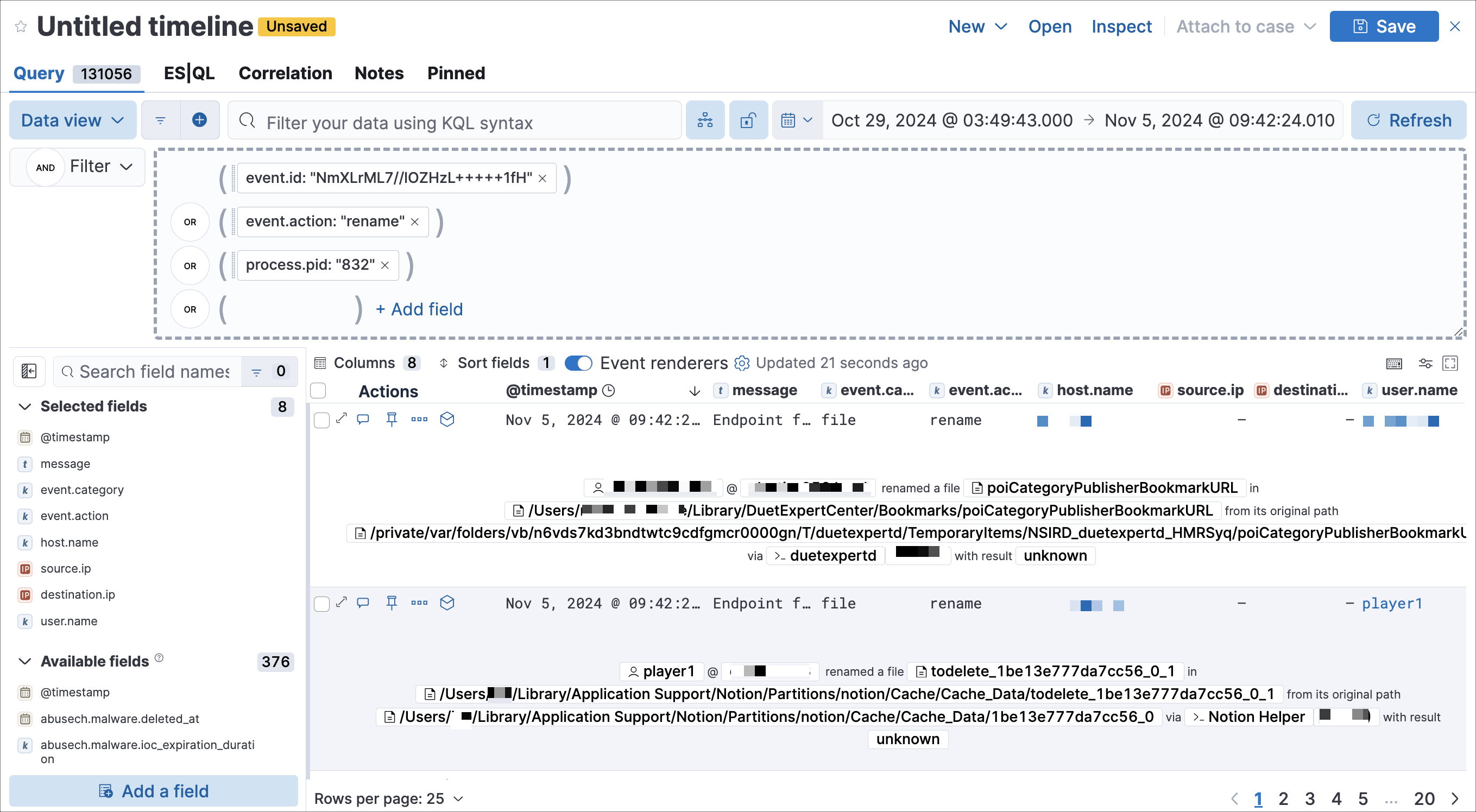 Timeline with query pre-loaded from investigation guide action