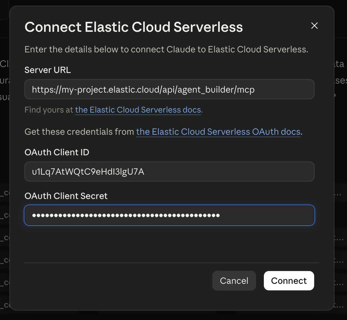The Connect Elastic Cloud Serverless dialog in Claude, with fields for the Server URL, OAuth Client ID, and OAuth Client Secret, and a Connect button.