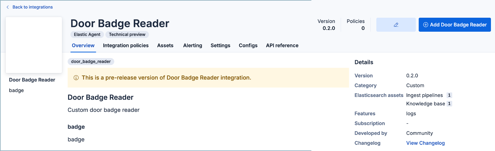 The integration details page with an Add button to deploy the integration to an agent policy
